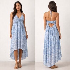 Hollister halter dress S high low summer open back paisley blue/white baby doll